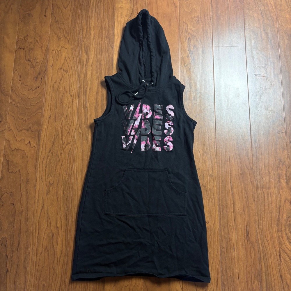 Material Girl Black Sleeveless Hoodie Dress Vibes Graphic Pink Lightning Bolt S